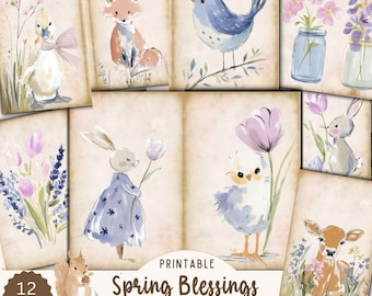 Spring Blessings Junk Journal Pages Printable, Easter Cottagecore Pastel Papers