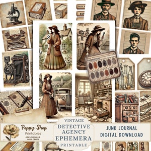 May include: Vintage printable digital paper pack with a detective agency theme. The pack includes images of a magnifying glass, a typewriter, a camera, a fingerprint card, a clock, a microscope, a house, a woman in a brown dress, a car, a desk, books, and bottles. The pack is perfect for scrapbooking, card making, and other paper crafts.