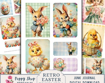 May include: A digital download of vintage-style Easter images. The images feature bunnies, chicks, and eggs in a pastel color scheme. The images are perfect for scrapbooking, card making, and other crafting projects.