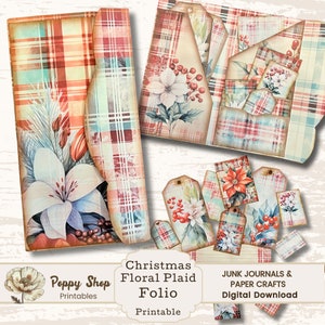 Christmas Flower Folio, karierter Weihnachtsfolio, Poinsettia, Junk Journal, Printable, Taschenfalter, Papiermodelle, Ephemera, Trifold