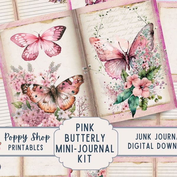 Butterfly Journal Pages, Printable Journal Pages, Lined Journal Pages, Pink, Vintage, Butterfly, Stationary, Junk Journal, Instant Download