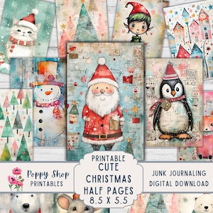 Papéis de meia página do Christmas Junk Journal, para impressão, Papai Noel, boneco de neve, elfo, Natal fofo, vintage, caprichoso, enfeite, download digital