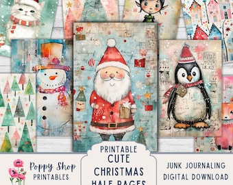 Christmas Junk Journal Half Page Papers, Printable, Santa, Snowman, Elf, Cute Christmas, Vintage, Whimsical, Embellishment, Digital Download