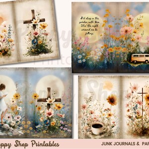 May include: A set of four vintage-style journal pages with watercolor illustrations. The images feature a church, a cross adorned with flowers, a woman, a van, and a cup of coffee, all set against a backdrop of flowers and a moon.