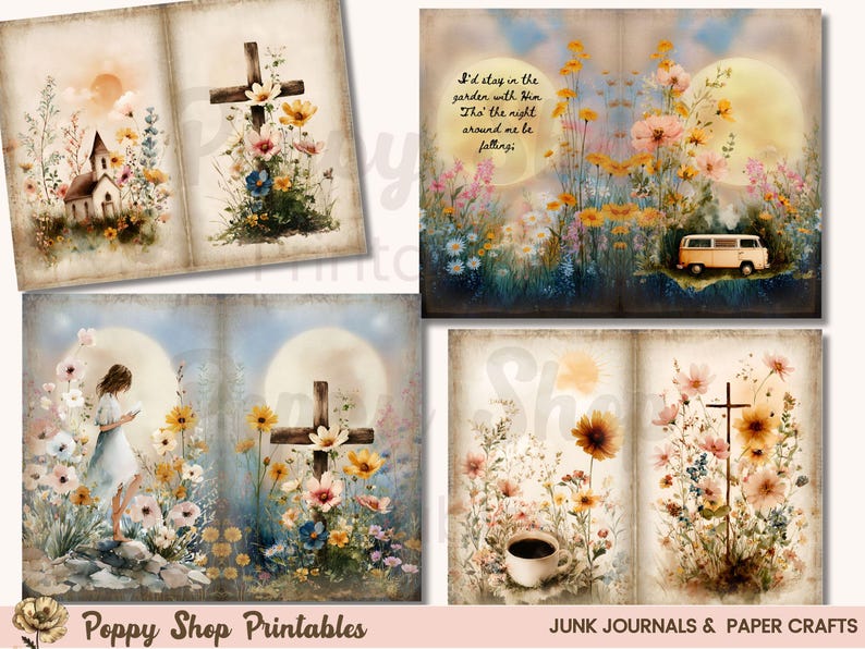 May include: A set of four vintage-style journal pages with watercolor illustrations. The images feature a church, a cross adorned with flowers, a woman, a van, and a cup of coffee, all set against a backdrop of flowers and a moon.