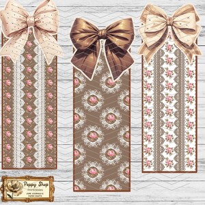May include: Three printable bookmarks with a brown background and a white lace design. Each bookmark features a different bow in brown, beige, and white. The text "Peppy Shop Printables Junk Journals & Paper Crafts" is at the bottom of the image.