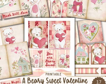 A Beary Sweet Valentine Junk Journal Kit, Valentine Bears Printable, Pink Floral Journaling Pages & Ephemera