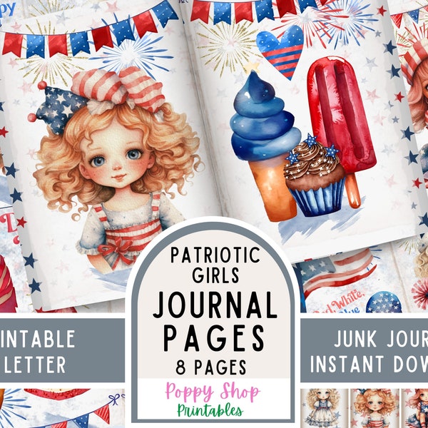 Vintage Patriotic Girls, Junk Journal, American, Girls, 4th of July, Junk Journal Pages, Scrapbook, Printable, ATC Card, Digital Download