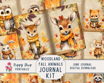 Fall Woodland Animal Junk Journal Kit, Whimsical, Cute, Animals, Vintage, Journal Page, Junk Journal, Woodland Ephemera, Printable, Download