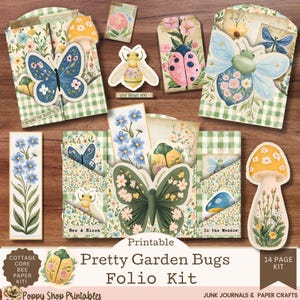 Puede incluir: Una colección de manualidades de papel imprimibles con temática de jardín. El kit incluye elementos decorativos como mariposas, abejas, mariquitas y setas. Los diseños incorporan patrones florales y el texto "Pretty Garden Bugs Folio Kit".