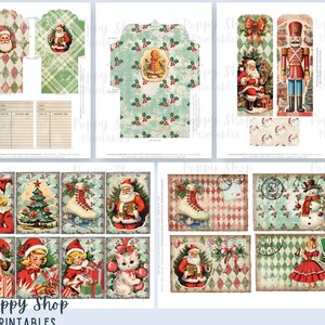 Op de afbeelding: Een verzameling vintage kerst-thema printbare ephemera. De ontwerpen bevatten de kerstman, schaatsen, kerstbomen en retro-illustraties. Het kleurenpalet omvat rood, groen en cr&egrave;me.