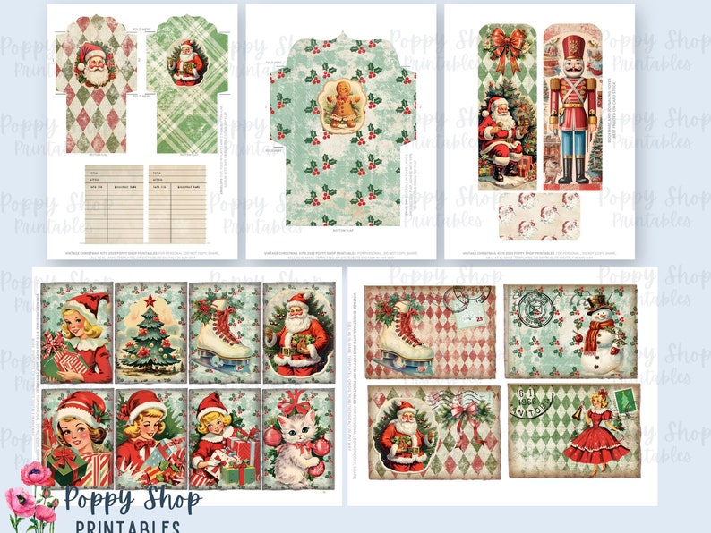 Op de afbeelding: Een verzameling vintage kerst-thema printbare ephemera. De ontwerpen bevatten de kerstman, schaatsen, kerstbomen en retro-illustraties. Het kleurenpalet omvat rood, groen en cr&egrave;me.