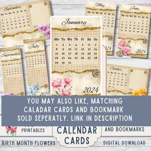 May include: Printable calendar cards featuring floral designs and a gold glitter background. Each card has a month of the year and the year 2024. The cards are designed to be used as bookmarks.