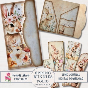 Bunny Junk Journal stampabile Folio, Pasqua, Boho, Coniglio, Cartella tascabile pieghevole, Vintage, Folio, Journal Ephemera, Stampabile, Digi Download