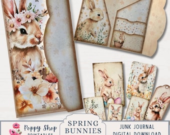 Bunny Junk Journal Folio, Easter Folding Pocket Folder with Ephemera, Printable, Instant Download