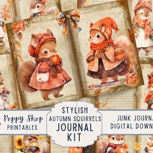 Kit de journal indésirable écureuil automne, écureuil habillé, automne, automne, pages de journal, journal indésirable, rétro, éphémère, imprimable, téléchargement numérique