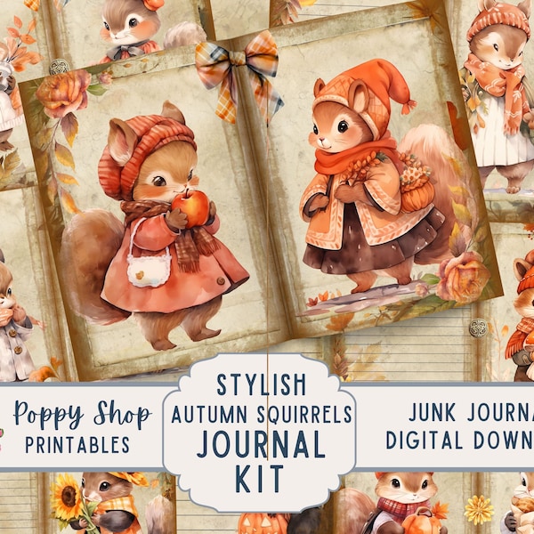 Autumn Squirrel  Junk Journal Kit, Dressed Squirrel, Fall, Autumn, Journal Pages, Junk Journal, Retro, Ephemera, Printable, Digital Download