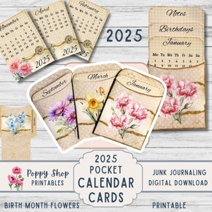 Calendrier 2025 de poche et cartes, fleur du mois de naissance, calendrier mensuel, imprimable. Neutre, journal indésirable, encarts d'agenda, éphémères, numérique