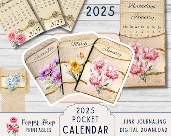 2025 Calendar Pocket and Cards, Birth Month Flower, Monthly Calendar, Printable. Neutral, Junk Journal, Planner Inserts, Ephemera, Digital