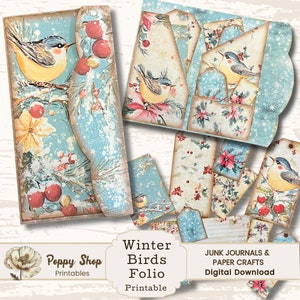 Folio d'hiver, folio de Noël, oiseaux, folio oiseaux, journal indésirable, imprimable, hiver, chemise de poche pliante, créations en papier, éphémères, trois volets