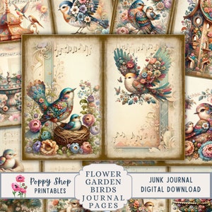 Kit de diário de lixo para pássaros, vintage, casa de pássaros, flores, diário de lixo de pássaros, páginas, diário de lixo para impressão, folha de colagem, download de impressões de pássaros
