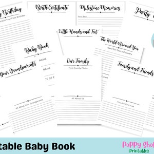 K&ouml;nnte beinhalten: Druckbare Babybuchseiten mit Titeln wie "Happy Birthday", "Geburtsurkunde", "Meilensteine", "Kleine H&auml;nde und F&uuml;&szlig;e", "Die Welt um dich herum", "Unsere Familie", "Deine Gro&szlig;eltern", "Familie und Freunde", "Babyparty" und "Party Time".