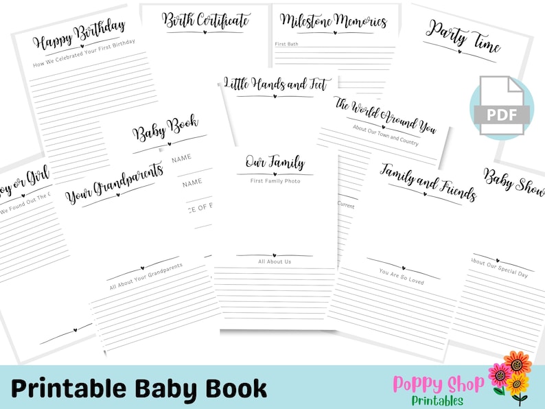 K&ouml;nnte beinhalten: Druckbare Babybuchseiten mit Titeln wie "Happy Birthday", "Geburtsurkunde", "Meilensteine", "Kleine H&auml;nde und F&uuml;&szlig;e", "Die Welt um dich herum", "Unsere Familie", "Deine Gro&szlig;eltern", "Familie und Freunde", "Babyparty" und "Party Time".