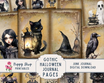 May include: A set of 10 digital printable pages for junk journaling with a gothic Halloween theme. The pages feature images of a black cat, a witch's hat, a crow, a lantern, a ghost, and a girl with a raven. The text "Gothic Halloween Journal Pages" is included on the pages.
