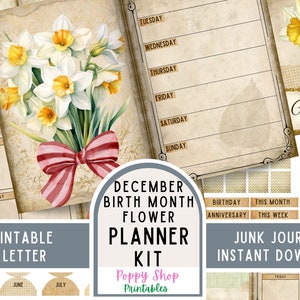 Planner Junk Journal Kit, december, bloemen, vintage, narcis, hulst, afdrukbaar, wekelijks, kalender, plannerpagina's, planner invoegen, kortstondige