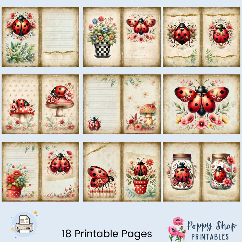 Ladybug Junk Journal, Ladybug Journal Pages, Floral, Colorful ...