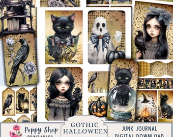 May include: A digital printable set of 12 gothic Halloween themed images featuring black cats, ravens, ghosts, pumpkins, and a witch's hat. The images are perfect for junk journaling, scrapbooking, or other crafting projects.  The text "Gothic Halloween Ephemera Printable" is included in the image.