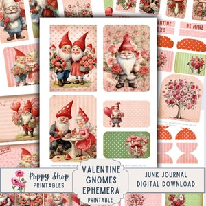 Valentine Ephemera, Gnomes, Junk Journal Kit, Valentine Gnomes, Vintage, Valentines Day, Printable, Ephemera, Scrapbook, Digital Download