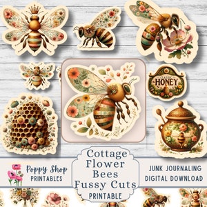 Fussy Cut Bee, Vintage, Fussy Cut Printable, Bee, Flower, Boho, Cottagecore, Junk Journal, Scrapbooking, Ephemera, Embellishments, Download