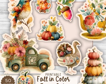 Fall Fussy Cuts | Colorful Autumn Ephemera for Junk Journals, Scrapbooking and Cardmaking | Printable Pumpkins, Trucks, Teapots and Turkeys