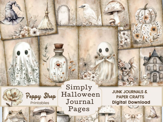 Halloween Junk Journal Pages, Floral Ghost Journal, Fall Journaling printable