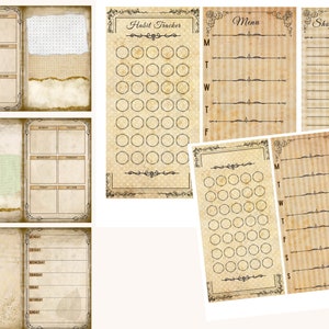May include: A set of printable planner pages with a vintage aesthetic. The pages include a habit tracker, a menu planner, and a shopping list. The pages are decorated with ornate borders and a distressed background.