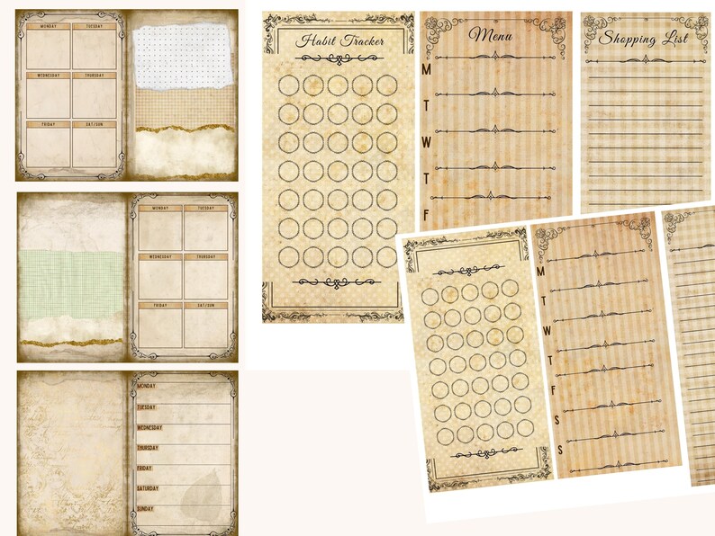 May include: A set of printable planner pages with a vintage aesthetic. The pages include a habit tracker, a menu planner, and a shopping list. The pages are decorated with ornate borders and a distressed background.