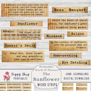 Mots et définitions, tournesols, mots imprimables. Étiquette de mot Junk Journal, embellissement de Junk Journal, imprimable, éphémère, téléchargement.