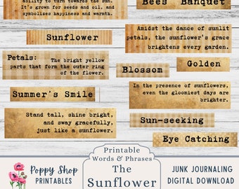 Words and Definitions, Sunflowers, Printable Words. Junk Journal Word Label, Junk Journal Embellishment, Printable, Ephemera, Download.