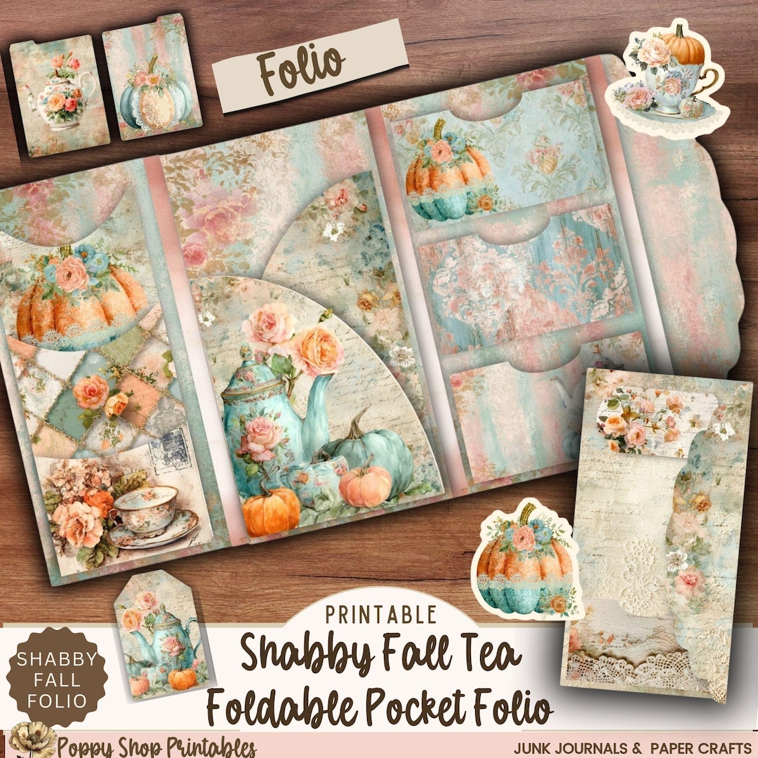 Printable Shabby Fall Tea Pocket Folio, Shabby Chic Pumpkin Junk ...