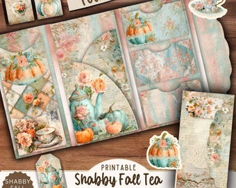 Printable Shabby Fall Tea Pocket Folio, Shabby Chic Pumpkin Junk Journal, Foldable Envelope Folio Kit with Tags & Ephemera