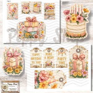 May include: A set of printable birthday party tags featuring a whimsical cake with candles, flowers, and gifts. The tags have a vintage aesthetic with a distressed background and gold accents. The text on the tags includes "Happy Birthday to You!", "Make a Wish!", "Party Time", and more.