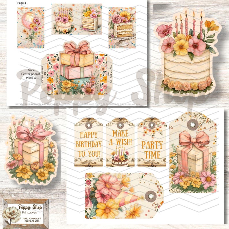 May include: A set of printable birthday party tags featuring a whimsical cake with candles, flowers, and gifts. The tags have a vintage aesthetic with a distressed background and gold accents. The text on the tags includes "Happy Birthday to You!", "Make a Wish!", "Party Time", and more.