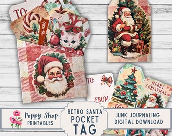 Christmas Pocket Tag, Santa, Gift Card Holder, Christmas, Pocket Tag Folder, Retro Santa, Vintage, Shabby,  Ephemera, Printable, Download