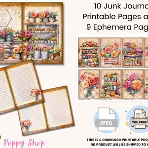May include: Digital download of a junk journal kit with watercolor illustrations. The kit includes printable pages with floral arrangements, shelves of potted plants, and lined journal pages. The text reads "Bloom and Grow" and "10 Junk Journal Printable Pages and 9 Ephemera Pages."