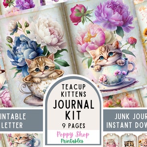 Kit de journal indésirable chat, tasse à thé, chaton, journal indésirable, pages de journal indésirable, éphémères chat, scrapbooking, collage, travaux manuels, imprimable, téléchargement numérique