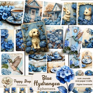 Puede incluir: Hoja de collage digital con hortensias azules, un colibrí, un cachorro, tazas de té y casas. La hoja se titula "Blue Hydrangea Ephemera" y es para diarios de chatarra y manualidades de papel.