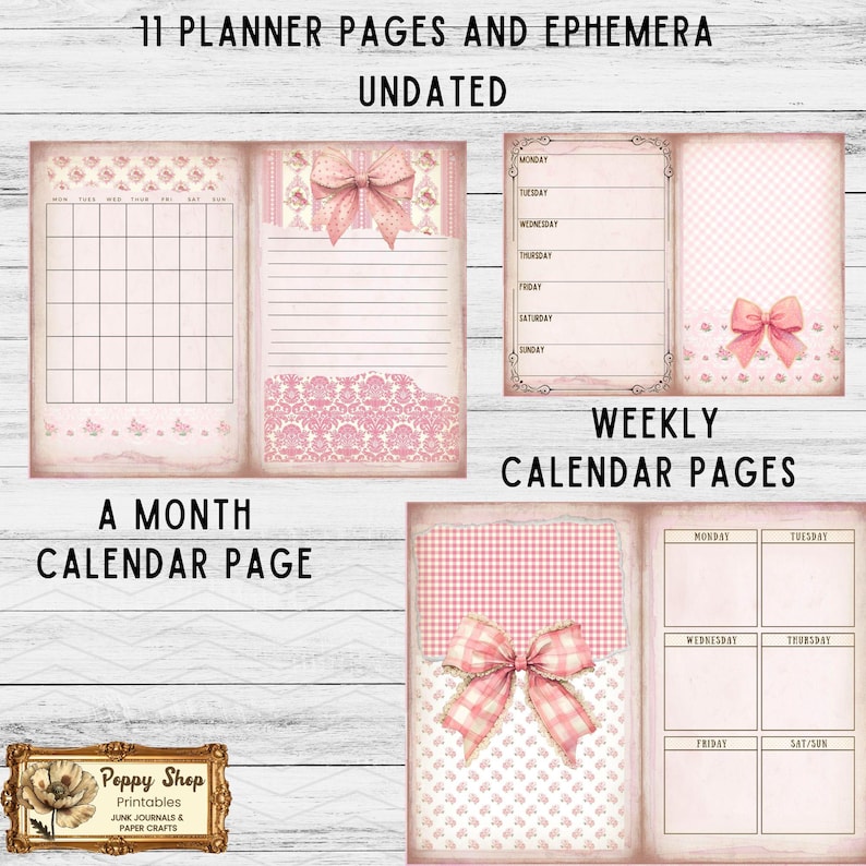 May include: Printable planner pages with pink and white gingham, floral, and damask patterns. The pages include a monthly calendar, weekly calendar, and lined notes pages. The text "11 Planner Pages and Ephemera Undated" is at the top of the image.