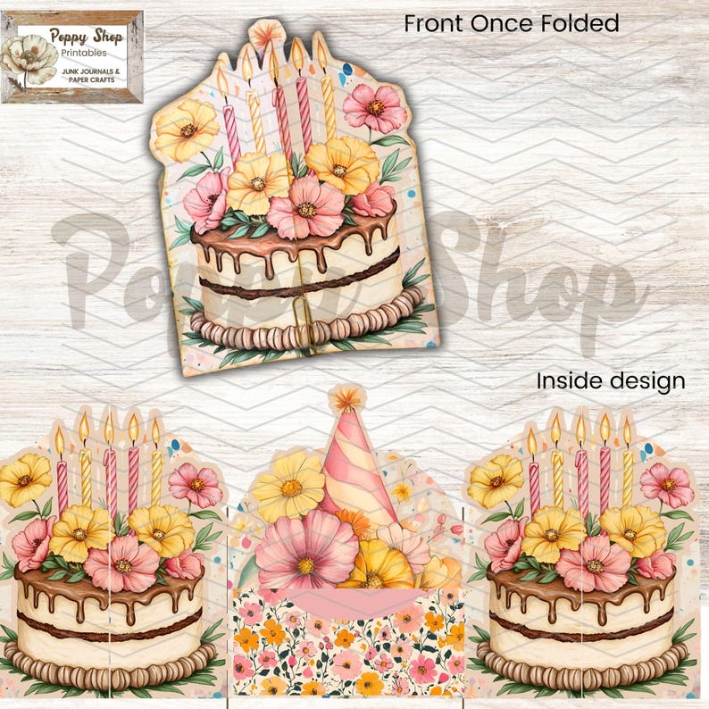 May include: A printable birthday card with a cake design. The cake is decorated with pink and yellow flowers, chocolate frosting, and lit candles. The card is folded in half and has a floral pattern on the inside.