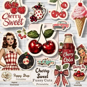 Fussy Cuts, Cherry Fussy Cuts, Retro, Carta per diario spazzatura, Materiale effimero stampabile, Collage, Decoupage, Adesivi ciliegia, Abbellimento album